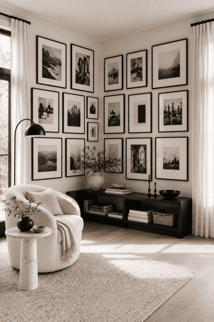 Minimal black and white corner gallery wall with modern framed photography in a Scandinavian living room.