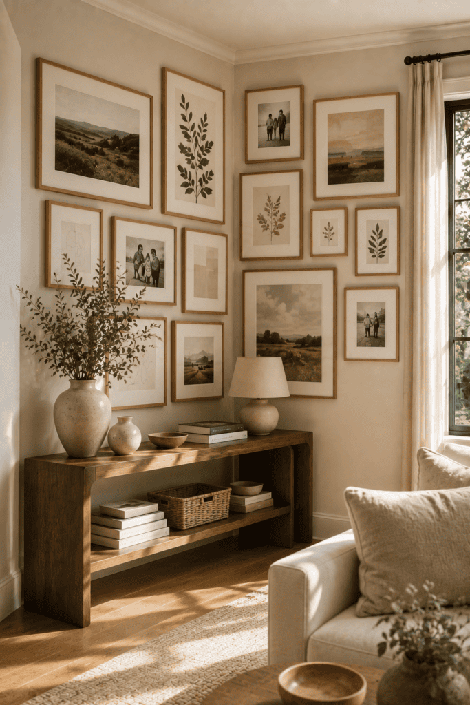 Corner gallery wall combining family photographs with artwork and botanical prints.