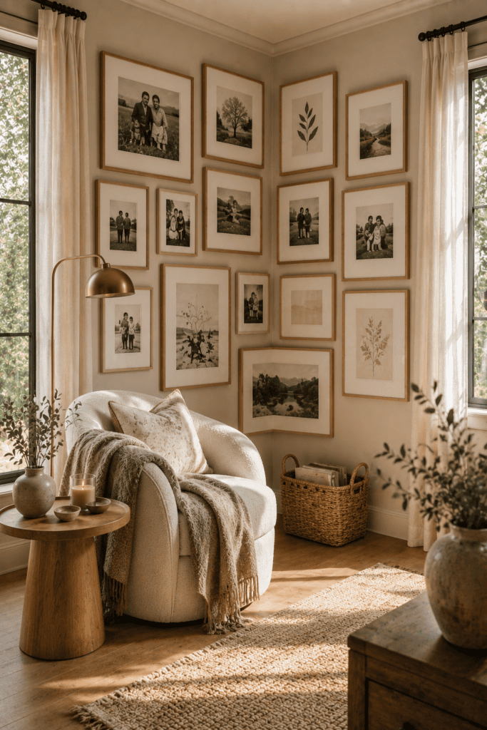 Cozy reading corner with a beautiful corner photo gallery wall and comfortable accent chair.