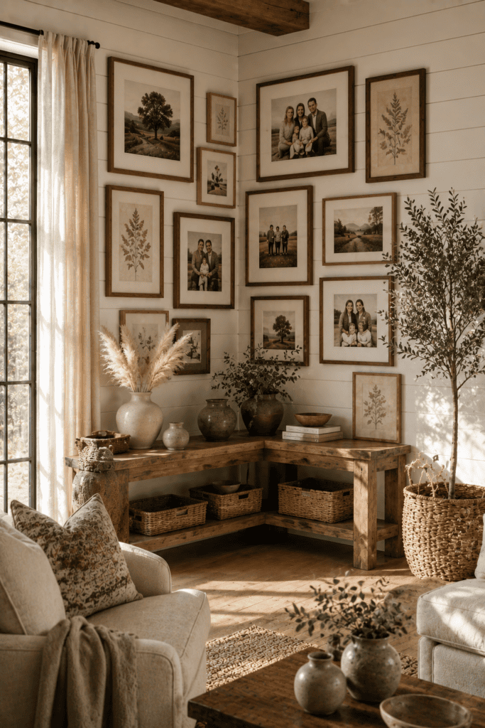 Farmhouse corner photo gallery wall featuring warm wood frames and cozy neutral home decor.