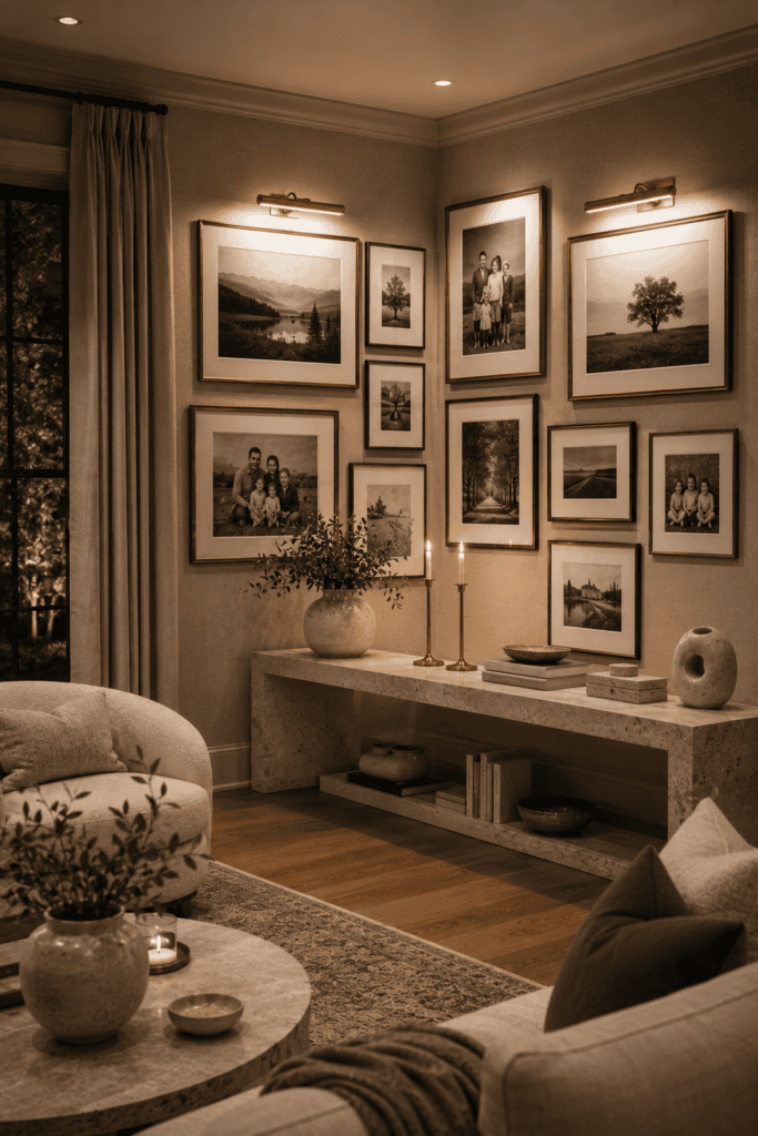 Luxury corner gallery wall highlighted with elegant brass picture lights and framed artwork.