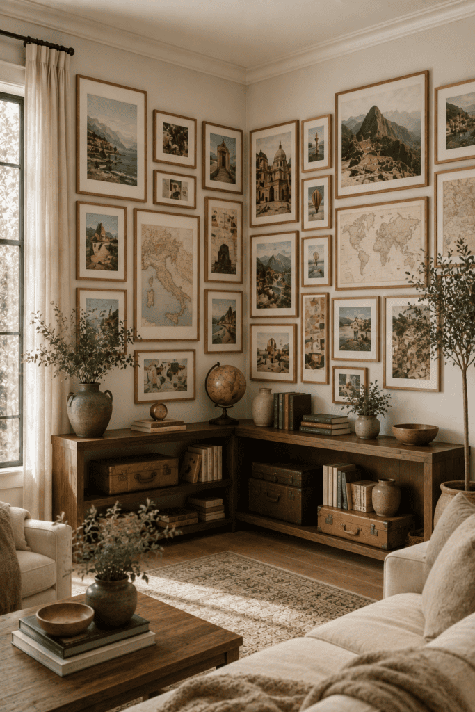 Travel-themed corner photo gallery wall with vacation photos, vintage maps, and elegant home styling.