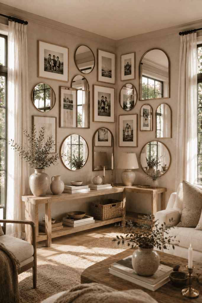 Corner gallery wall combining framed photos and decorative mirrors to brighten a modern living room.