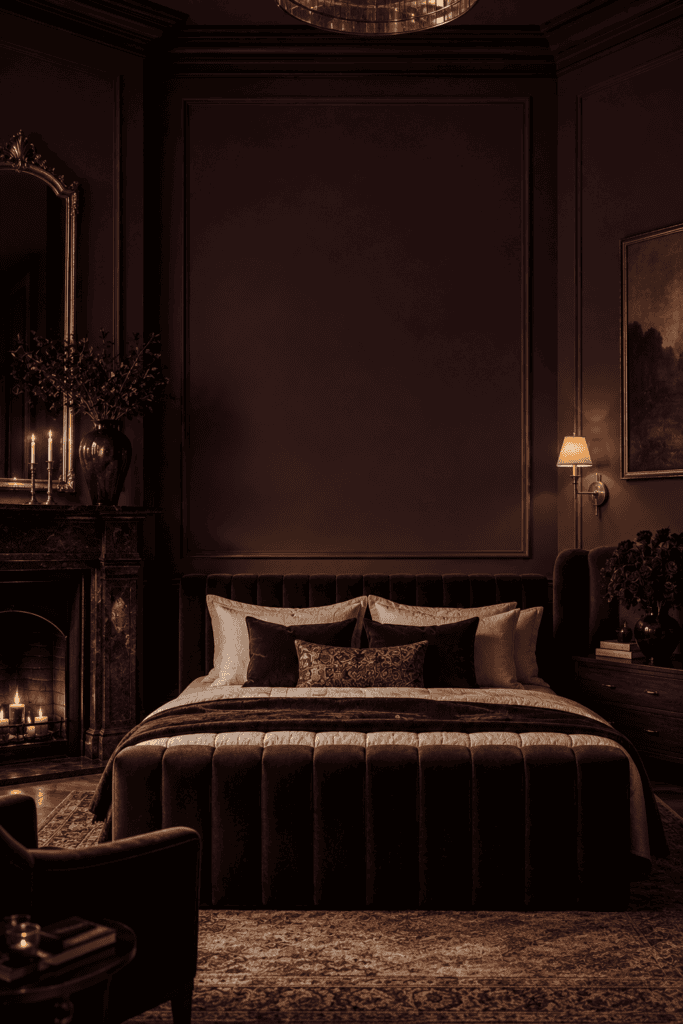 Luxury dark feminine bedroom featuring deep plum walls, velvet upholstered bed, brass lighting, marble fireplace, and elegant moody decor.