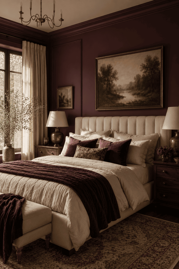 Elegant bedroom with deep plum walls, cream bedding, and brass accents creating a warm dark feminine aesthetic.