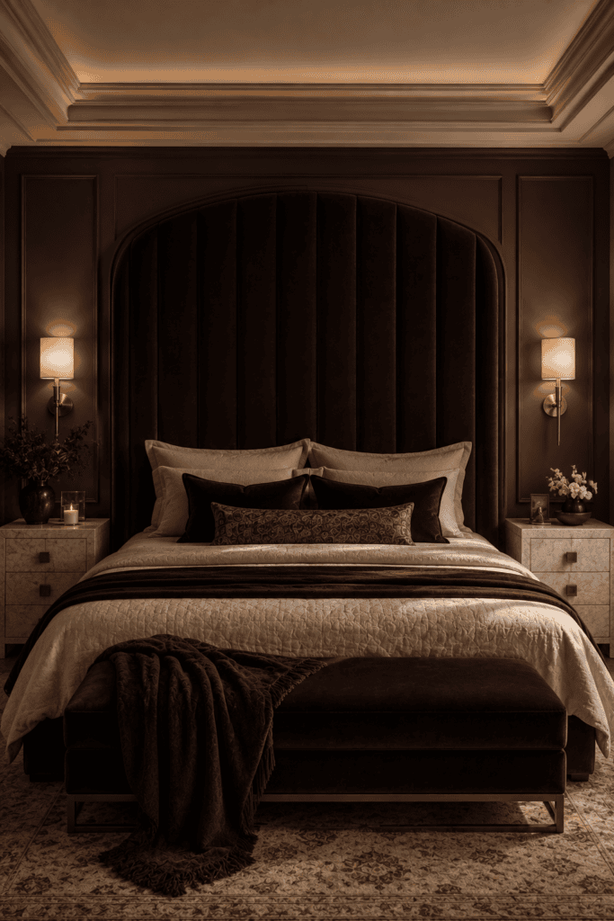 Dark feminine bedroom with a tall velvet headboard, layered bedding, and elegant brass lighting.