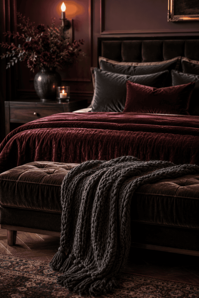 Dark feminine bedroom layered with velvet bedding, decorative pillows, and luxurious soft textures.