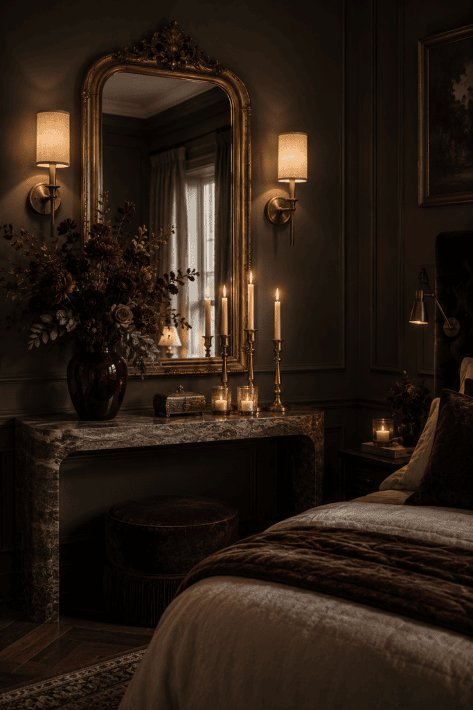 Vintage brass mirror and gold accents decorating a luxurious dark feminine bedroom corner.