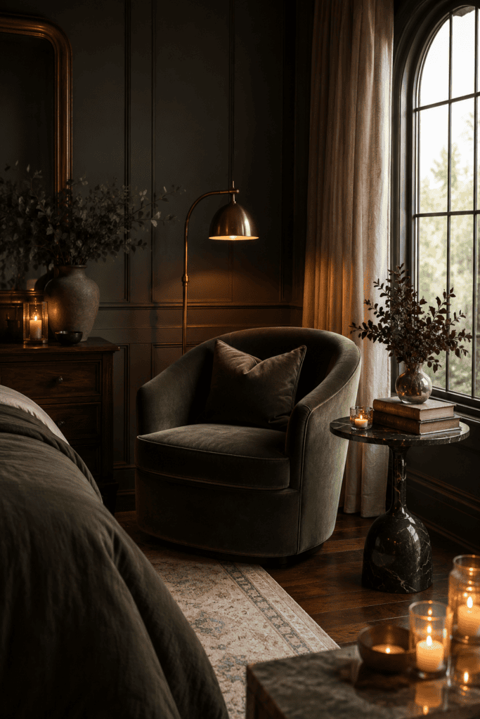 Cozy dark feminine reading nook with a velvet chair, marble side table, brass floor lamp, and warm candlelight.