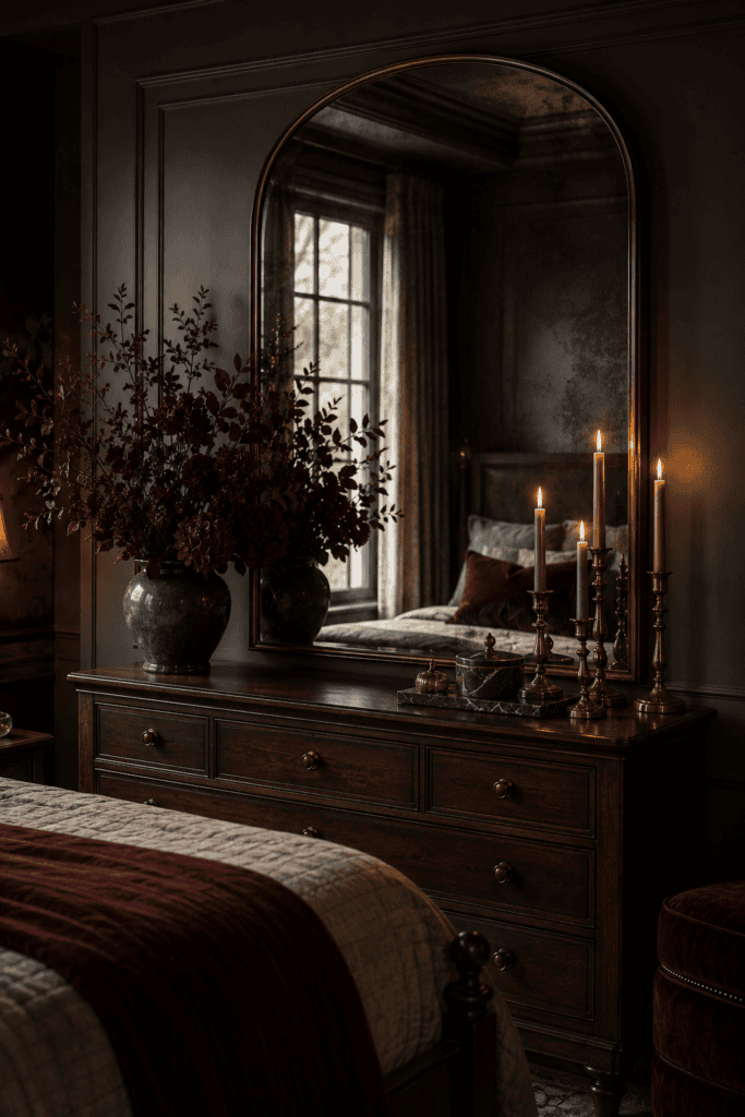 Smoky bronze mirror above a walnut dresser in a luxurious dark feminine bedroom.