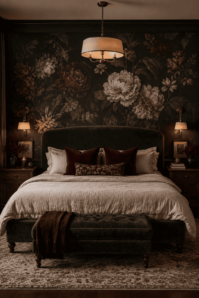 Dark feminine bedroom featuring bold floral wallpaper with luxurious velvet furnishings.