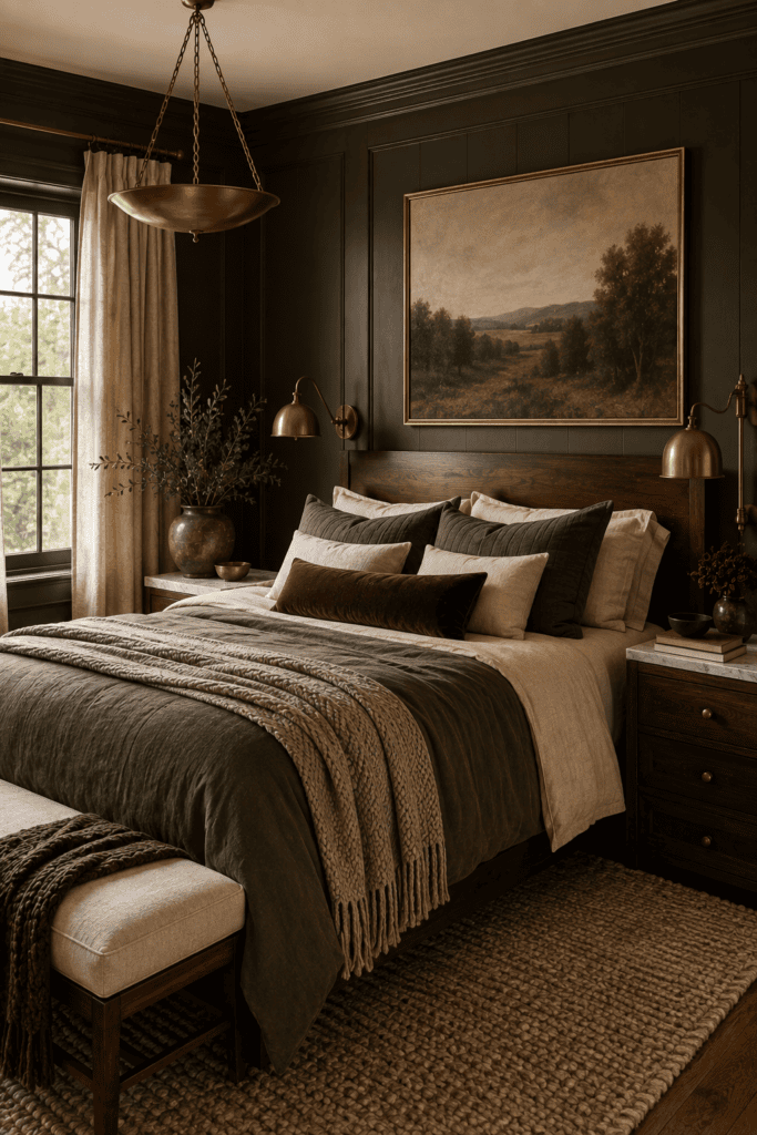 Vertical Pinterest image, 1000×1500 px, editorial luxury interior photography, elegant American bedroom showcasing layered natural materials, walnut furniture, white marble nightstands, linen curtains, velvet bedding, woven wool rug, brass lighting, textured knit throw, rich earthy color palette, premium styling, Architectural Digest aesthetic, realistic daylight, eye-level camera angle, no people, no text.