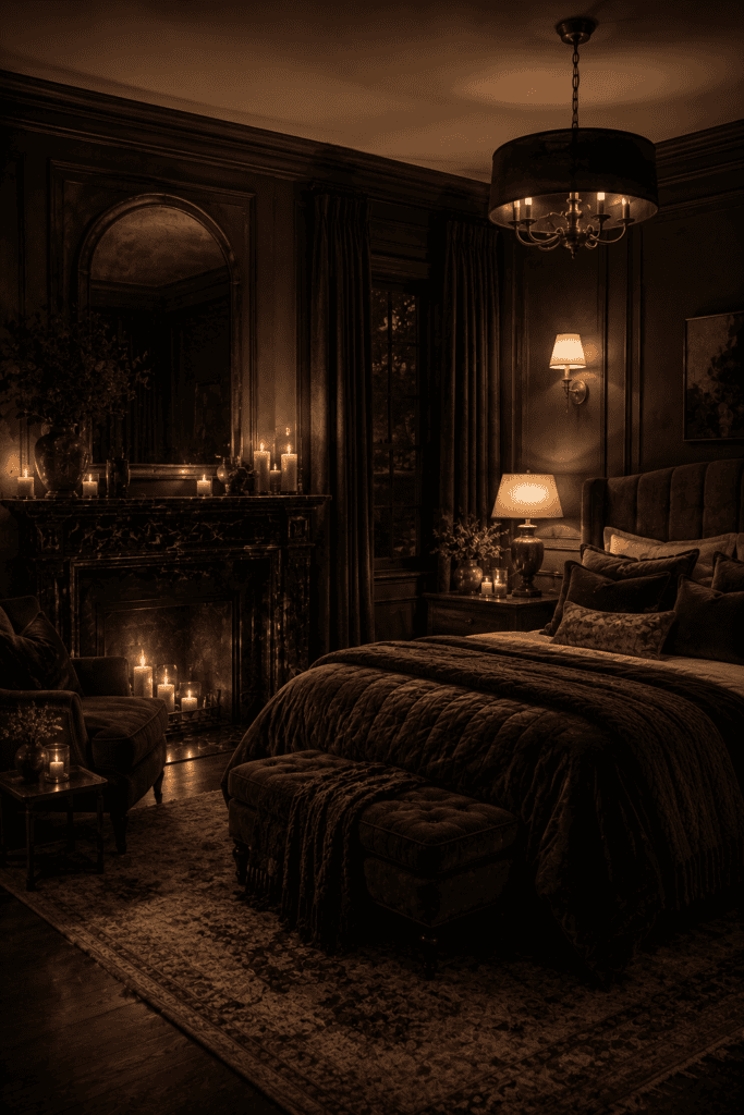 Dark feminine bedroom with warm candlelight, brass sconces, table lamps, and a cozy luxurious evening atmosphere.