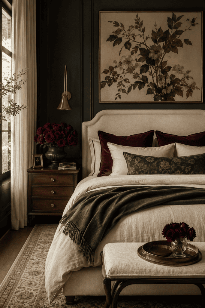Elegant dark feminine bedroom styled with burgundy and forest green accents for a timeless luxurious look.
