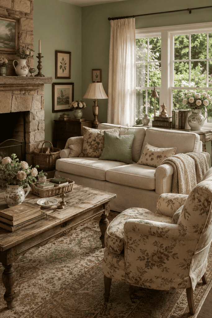 English cottage living room with a floral armchair, antique wood furniture, stone fireplace, layered textiles, vintage artwork, and garden views.