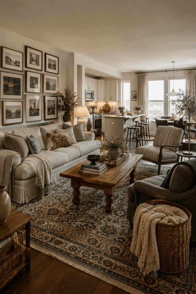 American apartment makeover with a cream sofa, gallery wall, layered textiles, natural wood furniture, indoor plants, and warm lighting.