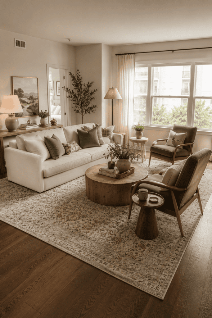 Apartment living room with an intentional furniture layout, cream sofa, accent chairs, natural wood coffee table, and large area rug.