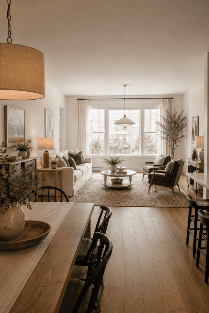 Open-plan apartment with a defined living room area using a large rug, cream sofa, accent chairs, and coordinated lighting.