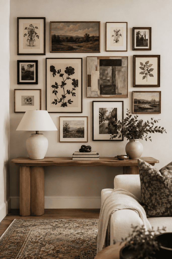 Apartment feature wall with an eclectic gallery of framed artwork above a natural wood console with books and decor.