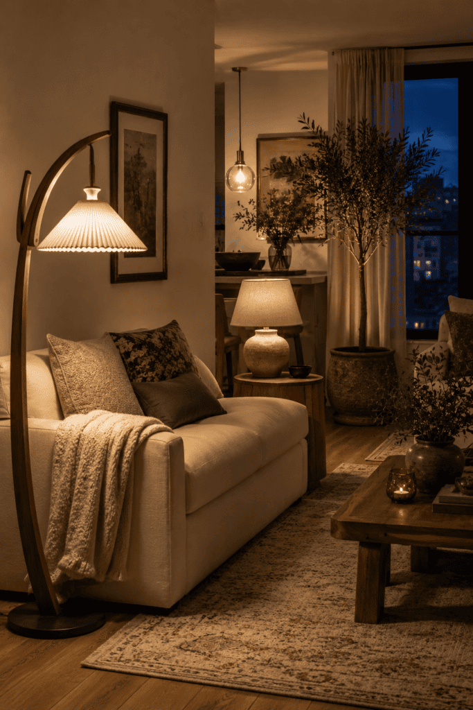 Cozy apartment living room using layered lighting from a floor lamp, table lamp, and warm pendant fixture.