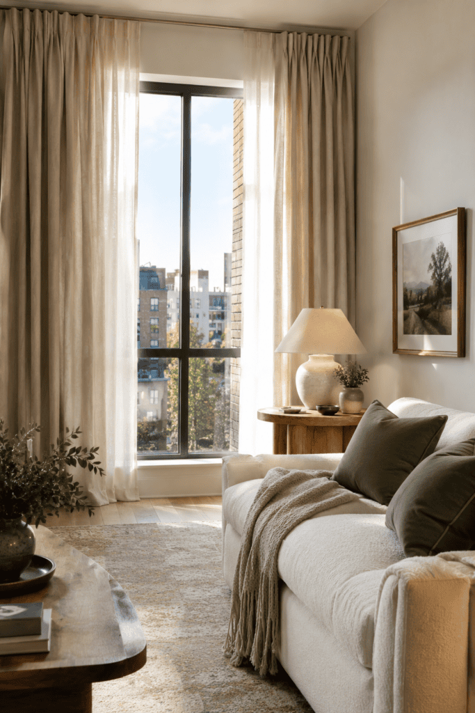 Apartment living room with full-length linen curtains hung high around large windows, creating a taller and softer look.