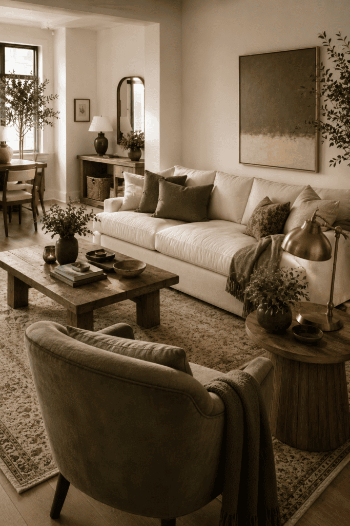 Apartment living room using muted olive green accents across cushions, artwork, decor, and textiles for a cohesive look.