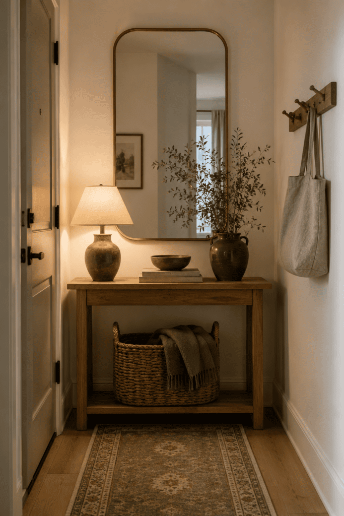 Small apartment entryway with a slim wood console, round mirror, woven basket, table lamp, and simple decorative styling.