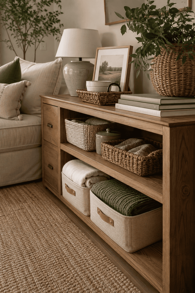 Apartment living room with decorative storage using woven baskets, a natural wood cabinet, books, ceramics, and textiles.
