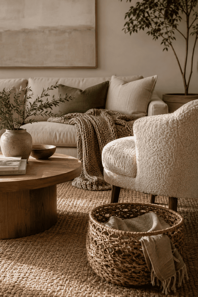Textured apartment living room with linen upholstery, boucle chair, knitted throw, woven basket, jute rug, and natural wood furniture.
