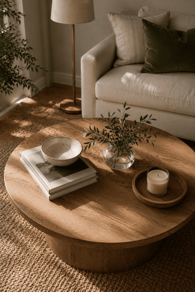 Apartment coffee table styled simply with books, ceramic bowl, greenery, wooden tray, and candle in a cozy living room.